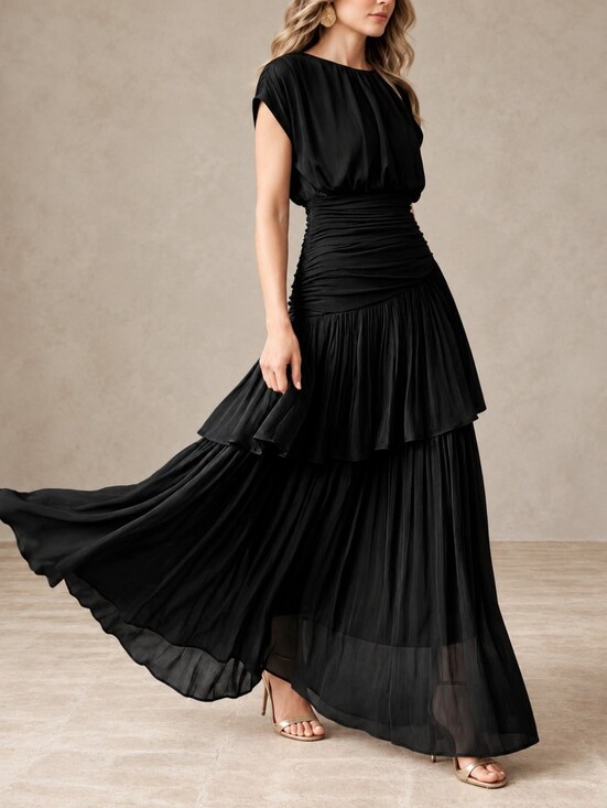 Boutique Dresses & Skirts - New Luxe Ruched Blouson Dropped Waist Tiered Maxi Dress Black